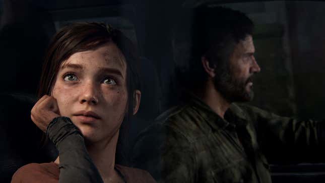 Ellie looks out of a car window while Joel drives.