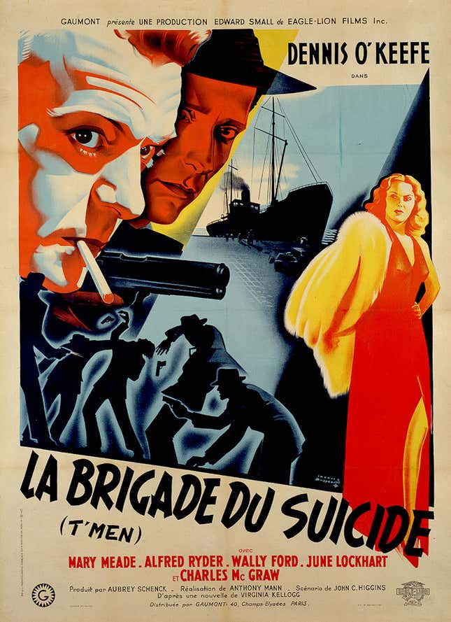 French one-panel poster for T-Men, directed by Anthony Mann, USA, 1947. Poster design by Jacques Bonneaud, 1948.