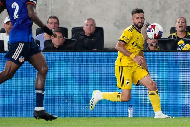 Aug 20, 2023; Columbus, Ohio, USA; Columbus Crew forward Diego Rossi (10) chases down a ball during the second half of the MLS soccer match against FC Cincinnati at Lower.com Field. The Crew won 3-0.