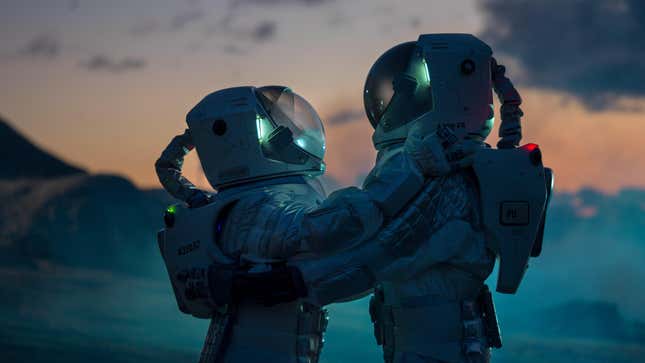 A conceptual image of two astronauts hugging on an alien planet.