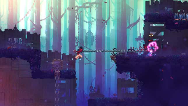 the beheaded uses a hookshot to cross a chasm in a forest in dead cells on xbox game pass