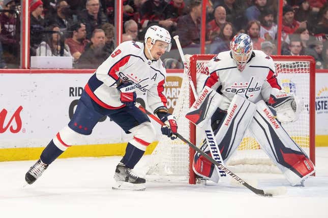 Dec 22, 2022; Ottawa, Ontario, CAN; Washington Capitals defenseman Dmitry Orlov (9) skates with the puck in the first period against the Ottawa Senators at the Canadian Tire Centre.