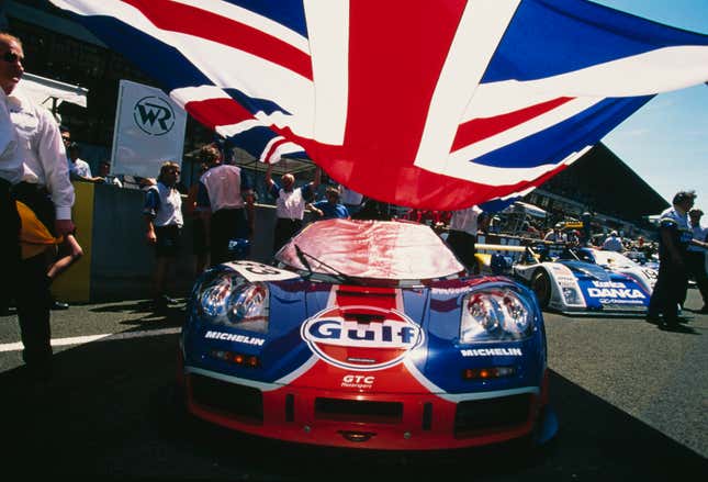A McLaren F1 GTR of the Gulf/GTC Racing team in the line up before the start of the 1996 24 Hours of Le Mans.