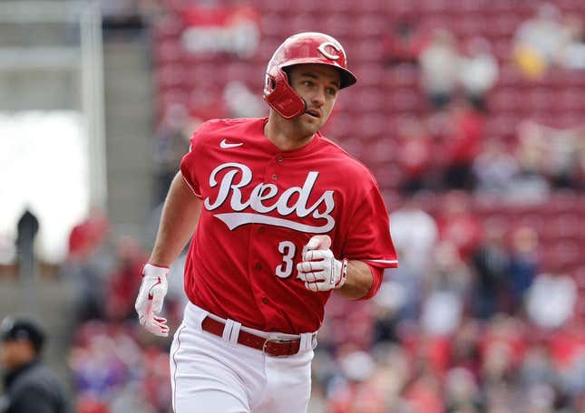 Apr 2, 2023; Cincinnati, Ohio, USA; Cincinnati Reds first  baseman Jason Vosler (32) runs the bases after hitting a solo home run against the Pittsburgh Pirates during the second inning at Great American Ball Park.