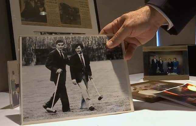 Keith George, a friend of crown prince Naruhito, as holds a photo of them taken during Naruhito’s visit in 1985. George, 57, is a friend of Naruhito’s from Oxford.