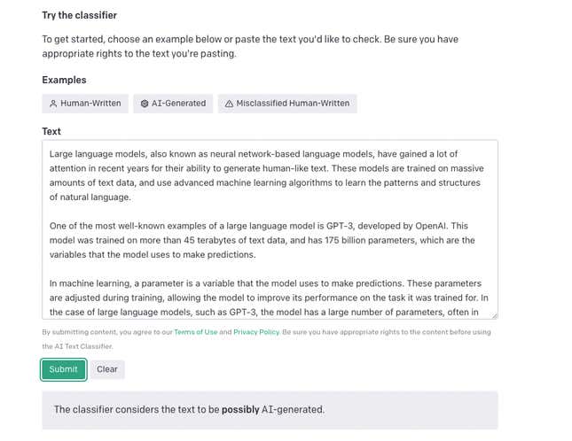 Screenshot of OpenAI's AI-classifier