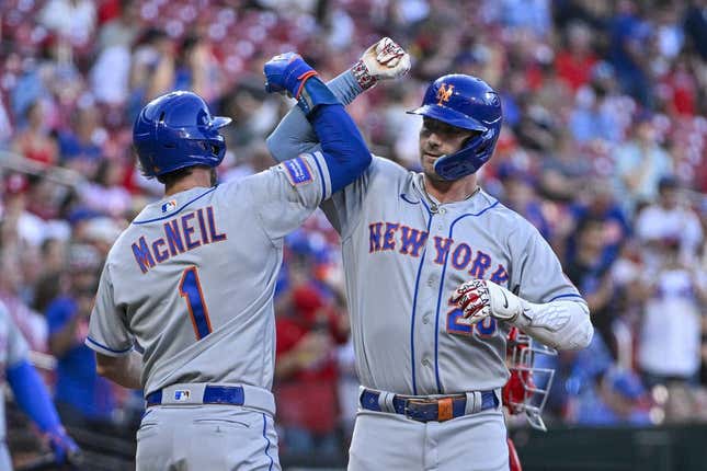Aug 17, 2023; St. Louis, Missouri, USA;  New York Mets first baseman Pete Alonso (20) celebrates with second baseman Jeff McNeil (1) after hitting a two run home run against the St. Louis Cardinals during the fourth inning at Busch Stadium.