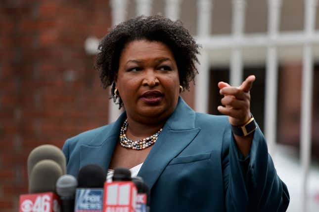  Democratic gubernatorial candidate Stacey Abrams speaks to the media during a press conference at the Israel Baptist Church as voters head to the polls during the Georgia primary on May 24, 2022, in Atlanta, Georgia.