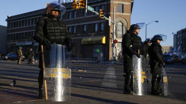 State troopers along Pennsylvania Avenue, in Baltimore.