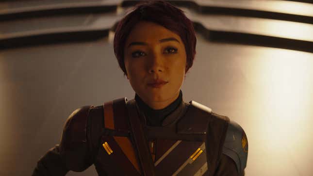 Sabine Wren sports a pixie cut and her Mandalorian armor. 