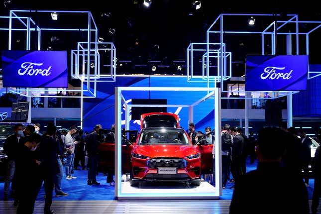 Ford Mustang Mach-E electric vehicle displayed at the Ford booth during 2021 Auto Shanghai show.