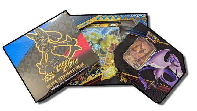 An ETB, collection box, and tin, all for Crown Zenith.