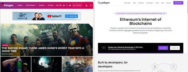 Side-by-side screenshots of the video game website Polygon and the cryptocurrency site Polygon.