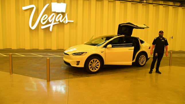 A Tesla Model X is parked in the Central Station during a media preview of the Las Vegas Convention Center Loop on April 9, 2021 in Las Vegas, Nevada.