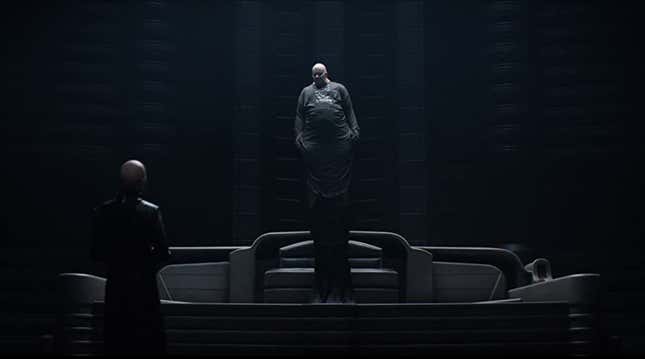 Baron Harkonnen hovering above his chair in a scene from Dune.