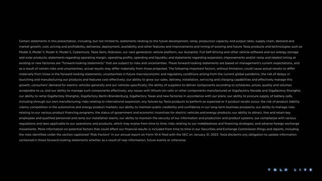 Image for article titled Tesla's Investor Day Livestream Disclaimer Basically Says Everything Could Be Bullshit