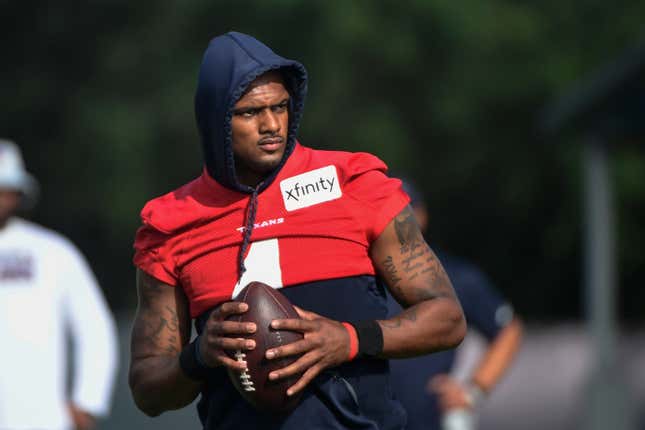 Texans quarterback Deshaun Watson (4) practices with the team during NFL football practice Monday, Aug. 2, 2021, in Houston.