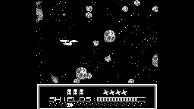A black-and-white screenshot of Star Trek Game Boy as it runs on the Analogue Pocket.