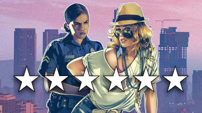 Two characters from GTA stand behind six stars of wanted levels.