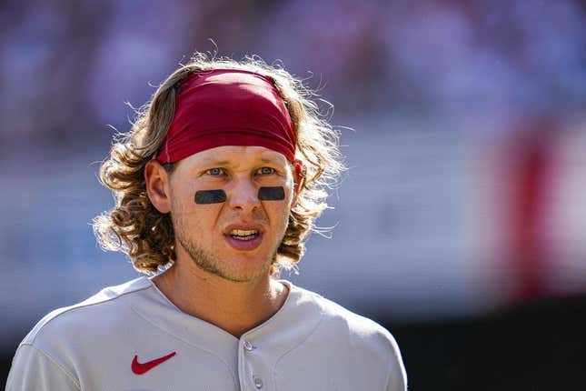 May 27, 2023; Cumberland, Georgia, USA; Philadelphia Phillies third baseman Alec Bohm (28) shown on the field against the Atlanta Braves at Truist Park.