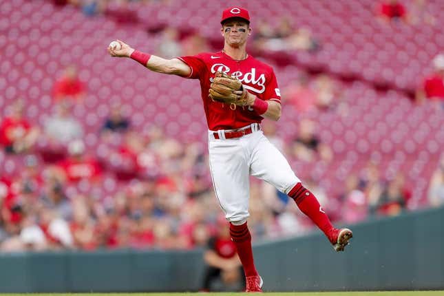 May 24, 2023; Cincinnati, Ohio, USA; Cincinnati Reds shortstop Matt McLain (9) throws to first to get St. Louis Cardinals right fielder Oscar Mercado (not pictured) out in the second inning at Great American Ball Park.