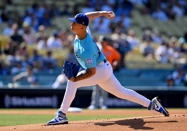 Jul 16, 2022; Los Angeles, CA, USA; National League Futures starting pitcher Bobby Miller (25) throws to the plate in the first inning of the All Star-Futures Game at Dodger Stadium.
