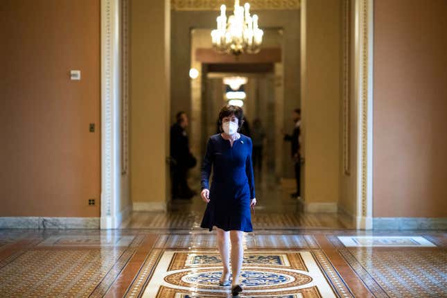 Sen. Susan Collins (R-ME) walks to the Senate Chamber at the U.S. Capitol on April 7, 2022, in Washington, DC.