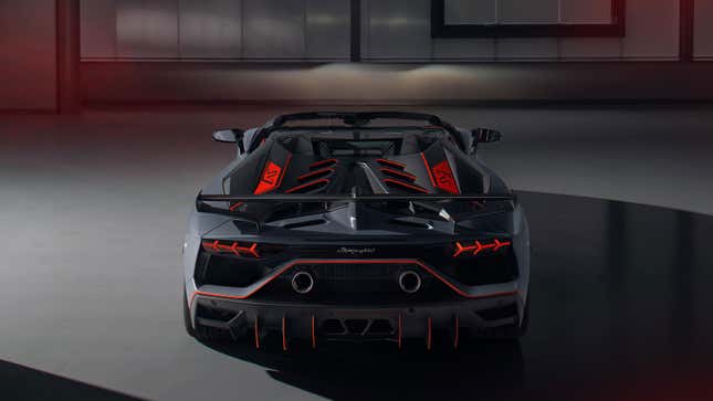 A photo of the rear end on a Lamborghini Aventador supercar. 