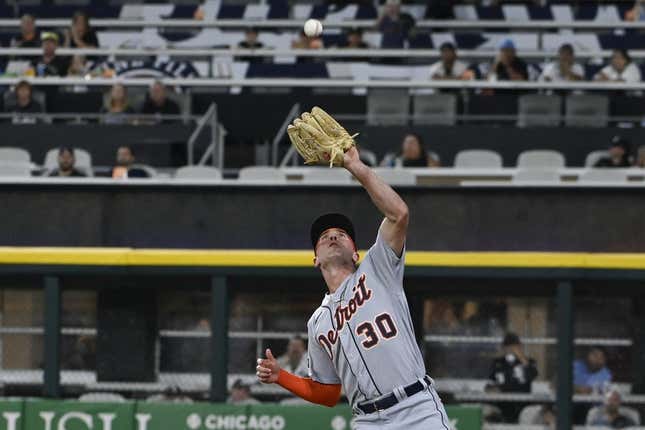 Sep 1, 2023; Chicago, Illinois, USA; Detroit Tigers right fielder Kerry Carpenter (30) catches a fly ball in foul territory  hit by Chicago White Sox first baseman Andrew Vaughn (not shown) during the second inning at Guaranteed Rate Field.