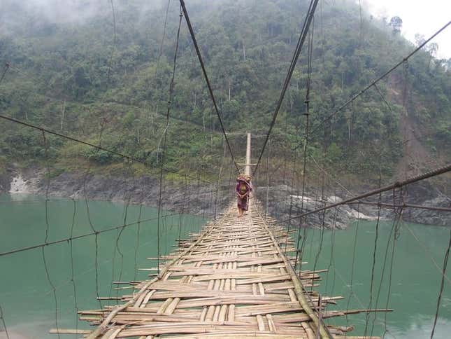 This typical bamboo bridge connects remote villages over rivers in Arunachal Pradesh.
