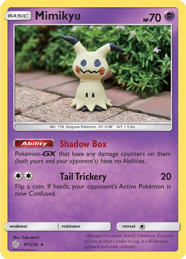 A Mimikyu Pokemon card.