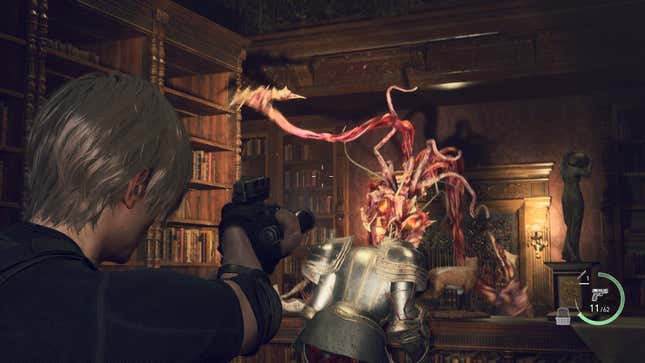 A screenshot shows Leon shooting a creepy tentacle monster. 