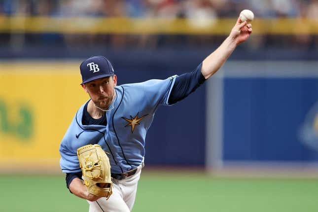 Apr 13, 2023; St. Petersburg, Florida, USA;  Tampa Bay Rays starting pitcher Jeffrey Springs (59) throws a pitch against the Boston Red Sox in the third inning at Tropicana Field.