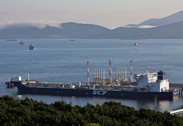 An aerial view shows the Vladimir Arsenyev tanker at the crude oil terminal Kozmino on the shore of Nakhodka Bay near the port city of Nakhodka, Russia.