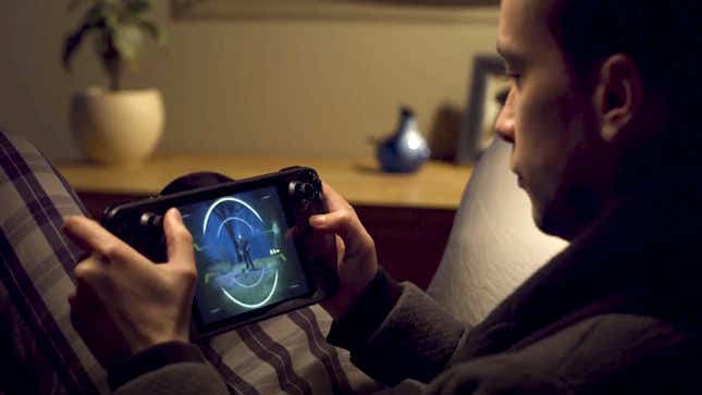A person plays Doom Eternal on Valve's new Steam Deck handheld.