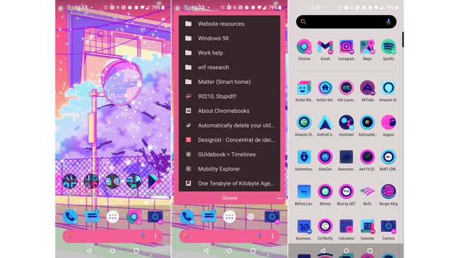 Three screenshots of the Action Launcher app