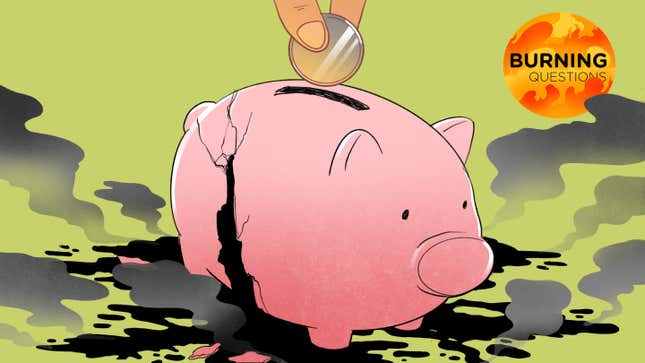 An illustration of a piggybank with oil coming out of it and fumes rising.