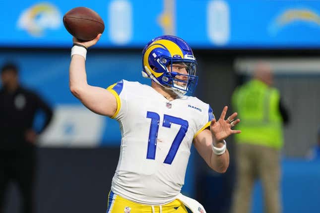 Jan 1, 2023; Inglewood, California, USA; Los Angeles Rams quarterback Baker Mayfield (17) throws the ball in the first half against the Los Angeles Chargers at SoFi Stadium.