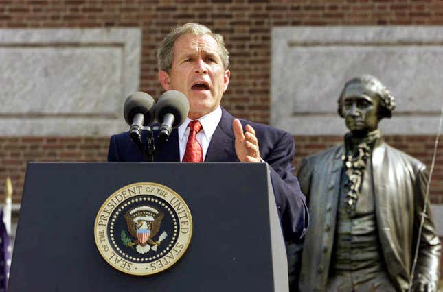 President George W. Bush speaks at Philadelphia’s Constitution Hall on July 4, 2001.