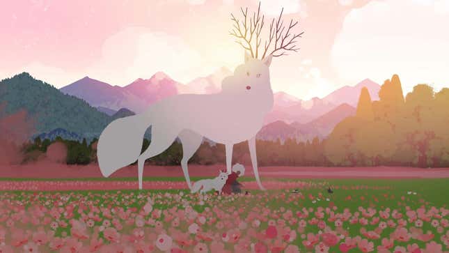 The main character of Neva is seen with her animal companions in a flowery field.