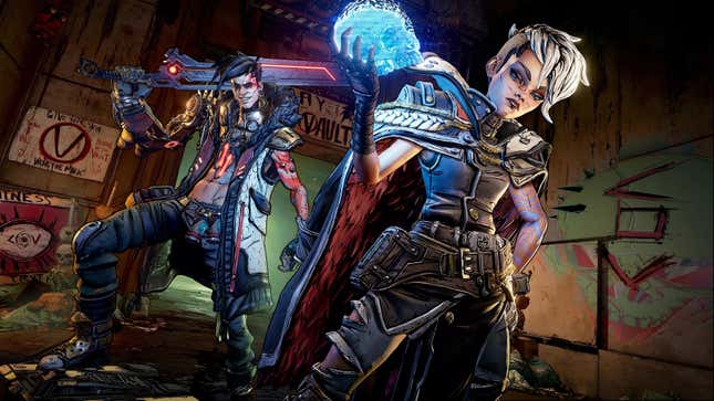 Borderlands 3's villains stand menacingly in front of some graffiti while flaunting their powers. 