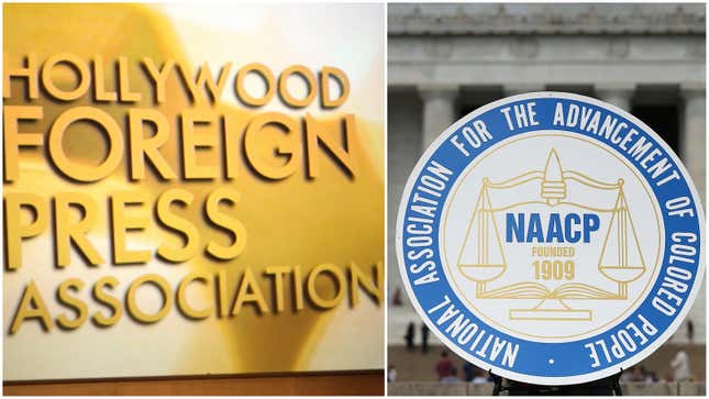 Hollywood Foreign Press Association logo at the 2008 Golden Globes; NAACP log at a press conference at the Lincoln memorial in 2015.