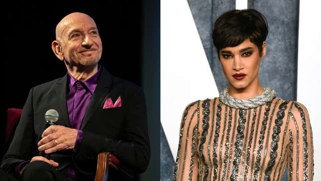 Ben Kingsley speaking, Sofia Boutella at the Vanity Fair Oscar Party