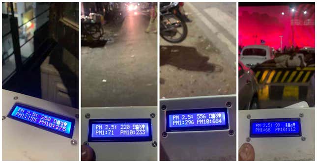 From left to right: Pollution readings on my low-cost air quality monitor in Ludhiana, Kanpur, Anpara, Patna.