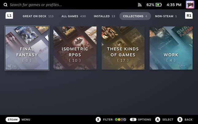 A screenshot of the Steam Deck shows a few user-created categories of games.