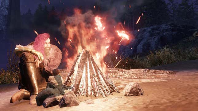 A pink-haired, gray-bearded character sits by a campfire in a screenshot from New World. 