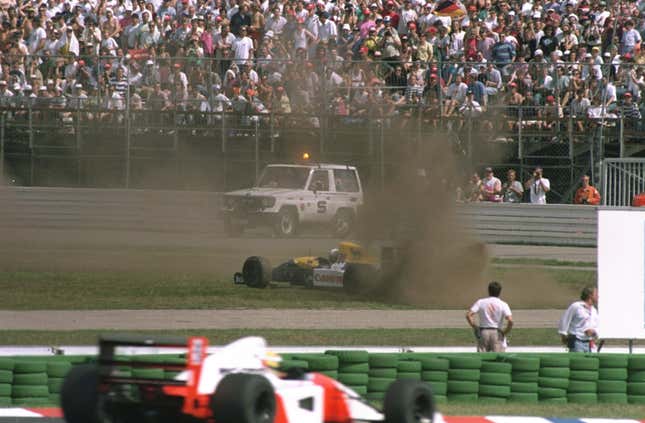 Riccardo Patrese of Italy spins off the track in his Williams Renault during the 1992 German Grand Prix.