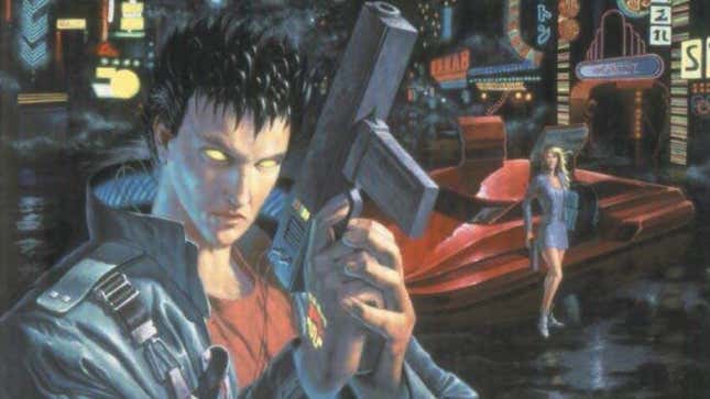Cover art for the original Cyberpunk roleplaying game shows a man with a gun in the foreground.