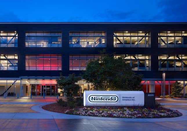 Nintendo of America's headquarters sits lit up at night.
