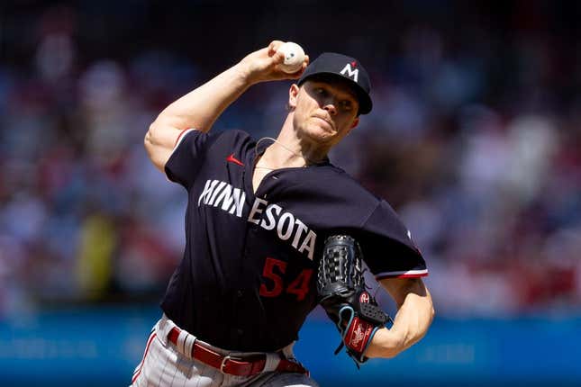 Aug 13, 2023; Philadelphia, Pennsylvania, USA; Minnesota Twins starting pitcher Sonny Gray (54) throws a pitch during the second inning against the Philadelphia Phillies at Citizens Bank Park.